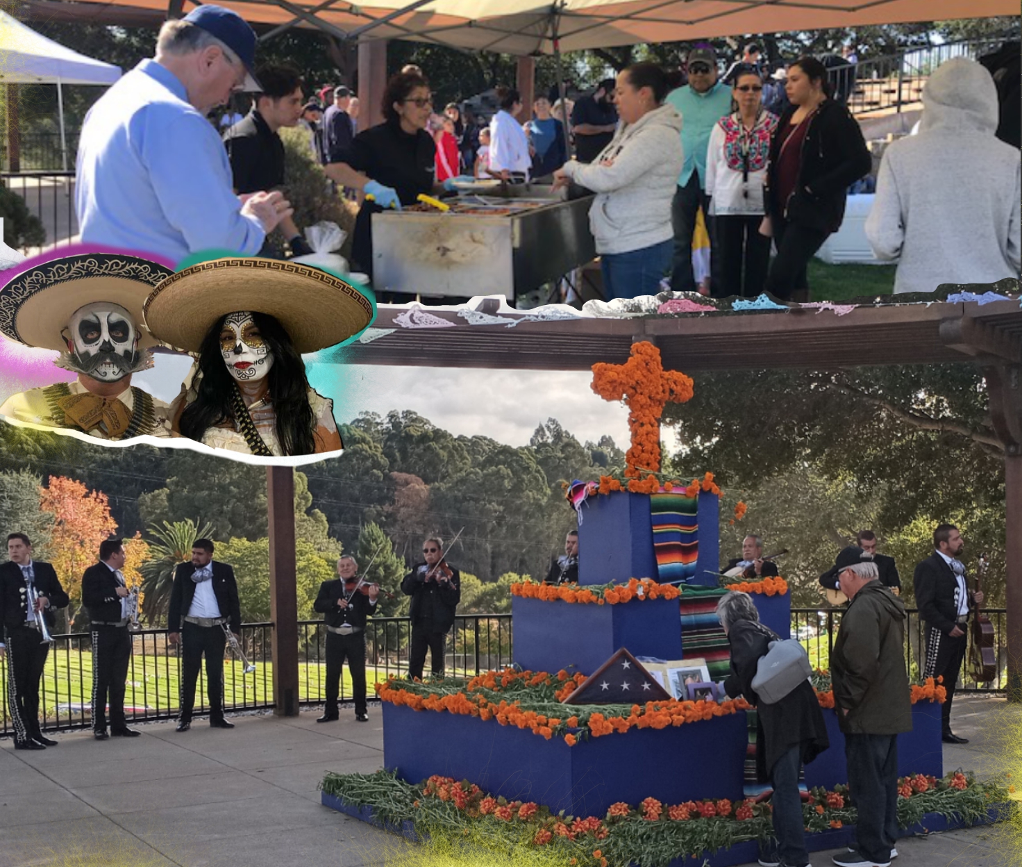 Guests celebrating Dia de los Muertos next to an Altar at Lone Tree Cemetery