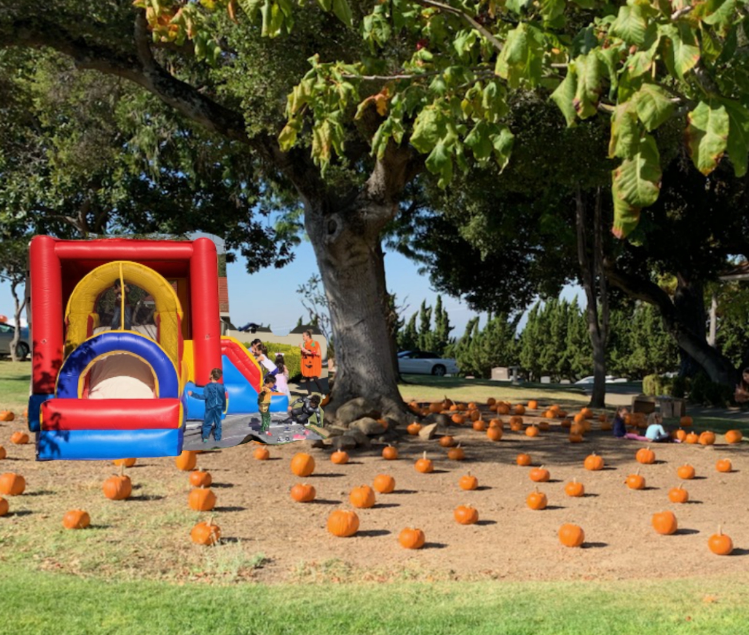 This is a picture of a pumpkin patch and jump house under a tree at Lone Tree Cemetery